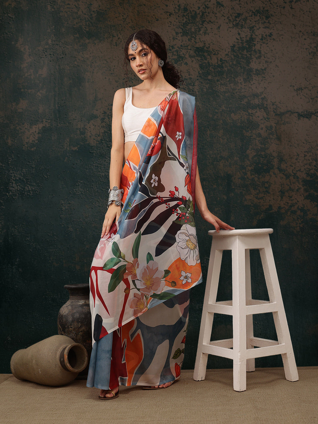 Multicolor Polyester Digital Print Abstract Saree with Unstitched Blouse - Hiral Fashion