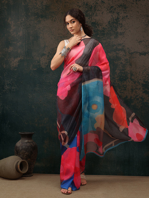 Multicolor Polyester Digital Print Abstract Saree with Unstitched Blouse - Hiral Fashion