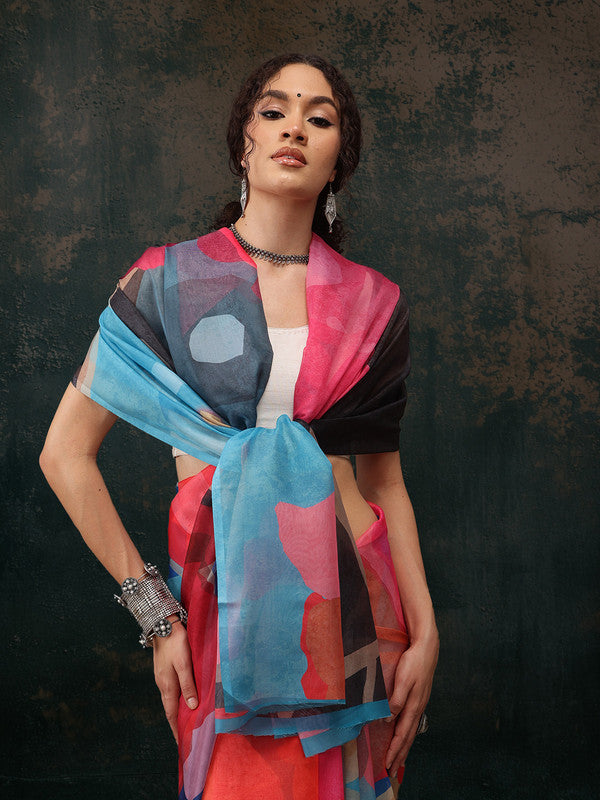 Multicolor Polyester Digital Print Abstract Saree with Unstitched Blouse - Hiral Fashion