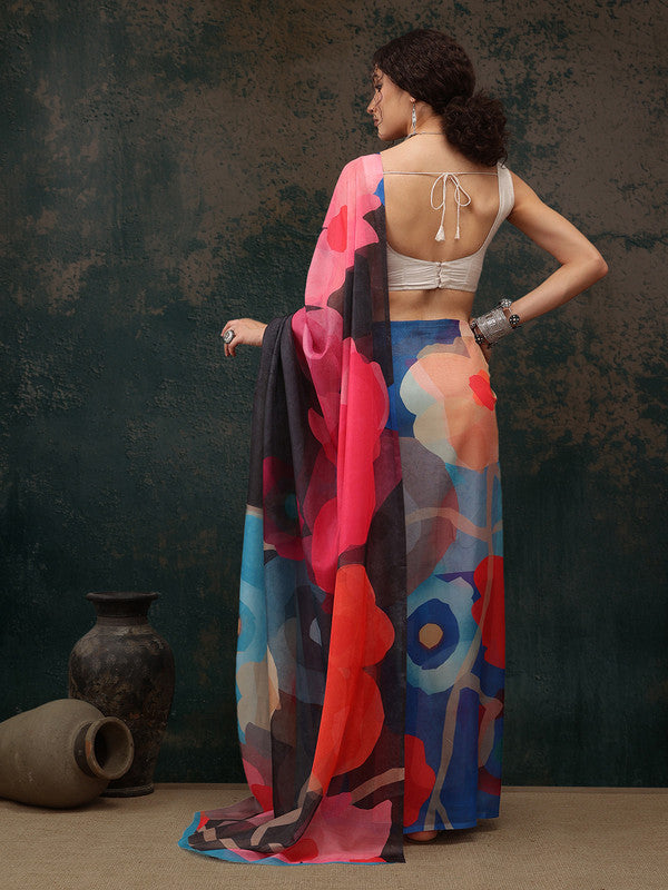 Multicolor Polyester Digital Print Abstract Saree with Unstitched Blouse - Hiral Fashion