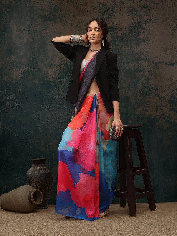 Multicolor Polyester Digital Print Abstract Saree with Unstitched Blouse - Hiral Fashion