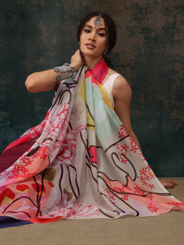 Multicolor Polyester Digital Print Abstract Saree with Unstitched Blouse - Hiral Fashion