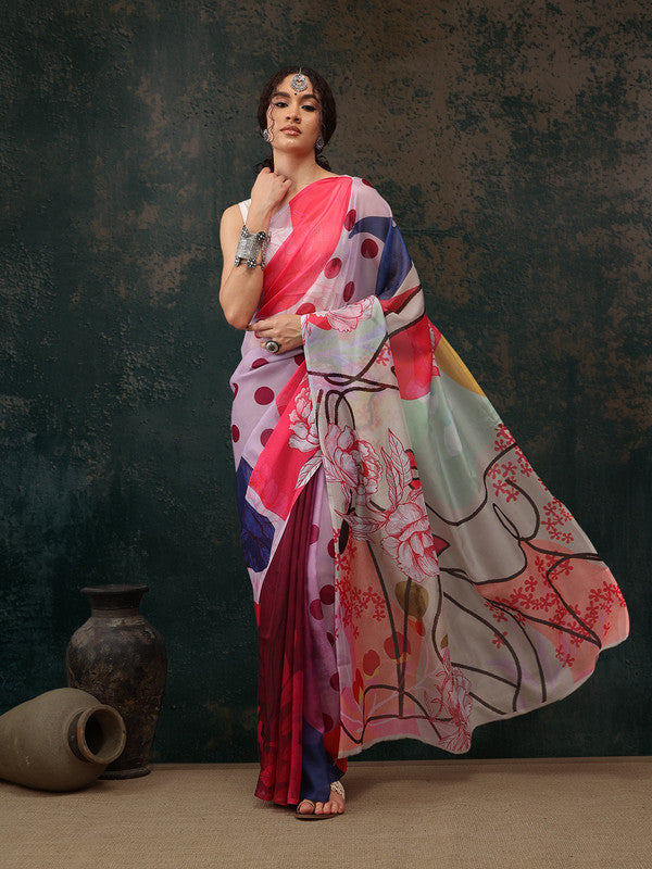 Multicolor Polyester Digital Print Abstract Saree with Unstitched Blouse - Hiral Fashion