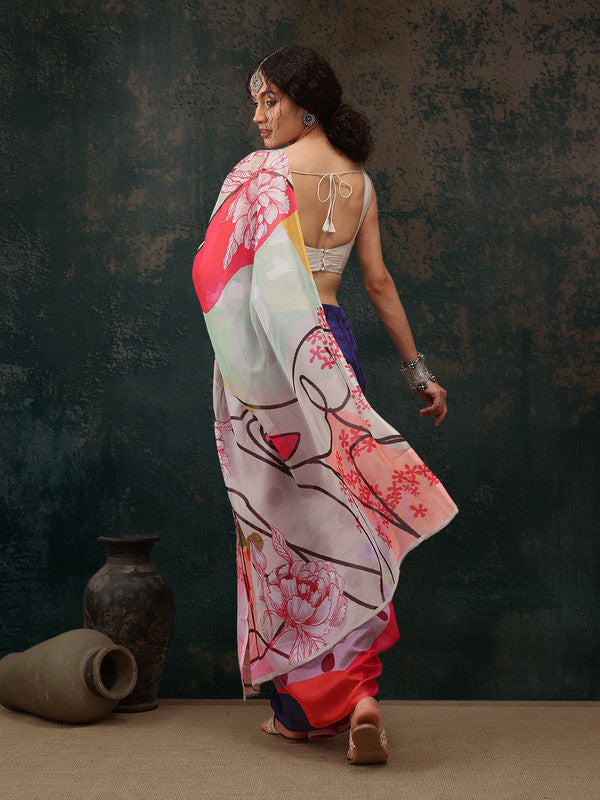 Multicolor Polyester Digital Print Abstract Saree with Unstitched Blouse - Hiral Fashion