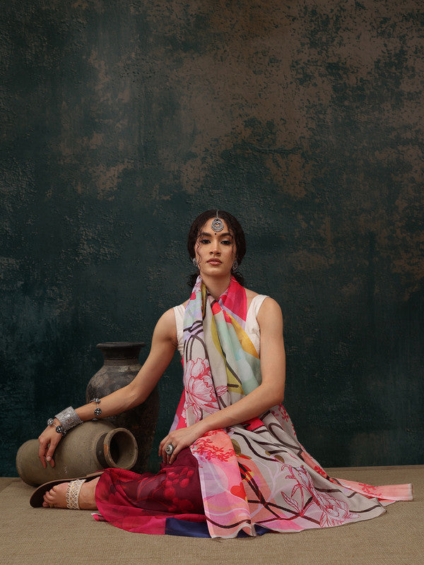 Multicolor Polyester Digital Print Abstract Saree with Unstitched Blouse - Hiral Fashion