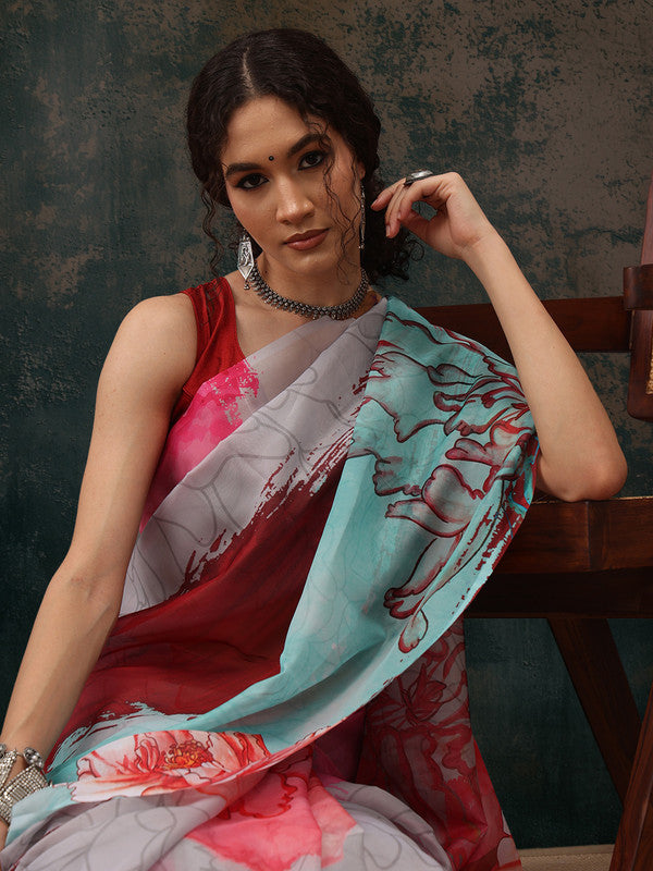 Multicolor Polyester Digital Print Abstract Saree with Unstitched Blouse - Hiral Fashion