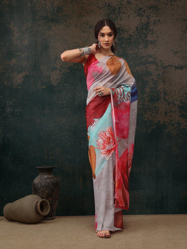 Multicolor Polyester Digital Print Abstract Saree with Unstitched Blouse - Hiral Fashion