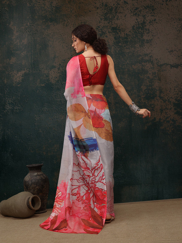 Multicolor Polyester Digital Print Abstract Saree with Unstitched Blouse - Hiral Fashion