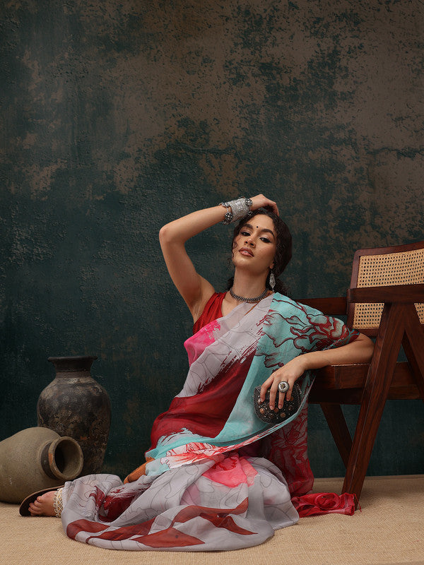 Multicolor Polyester Digital Print Abstract Saree with Unstitched Blouse - Hiral Fashion