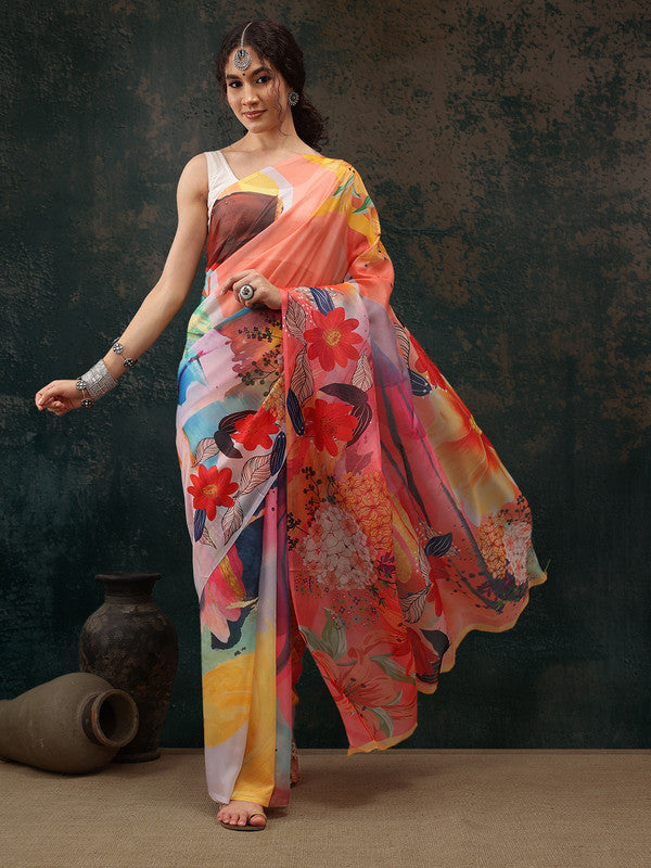 Multicolor Polyester Digital Print Abstract Saree with Unstitched Blouse - Hiral Fashion