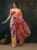 Multicolor Polyester Digital Print Abstract Saree with Unstitched Blouse - Hiral Fashion