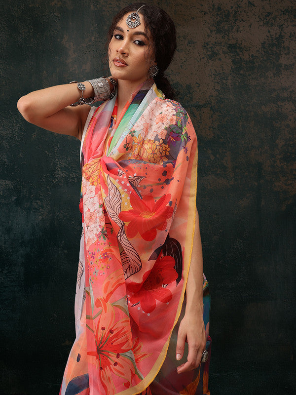 Multicolor Polyester Digital Print Abstract Saree with Unstitched Blouse - Hiral Fashion