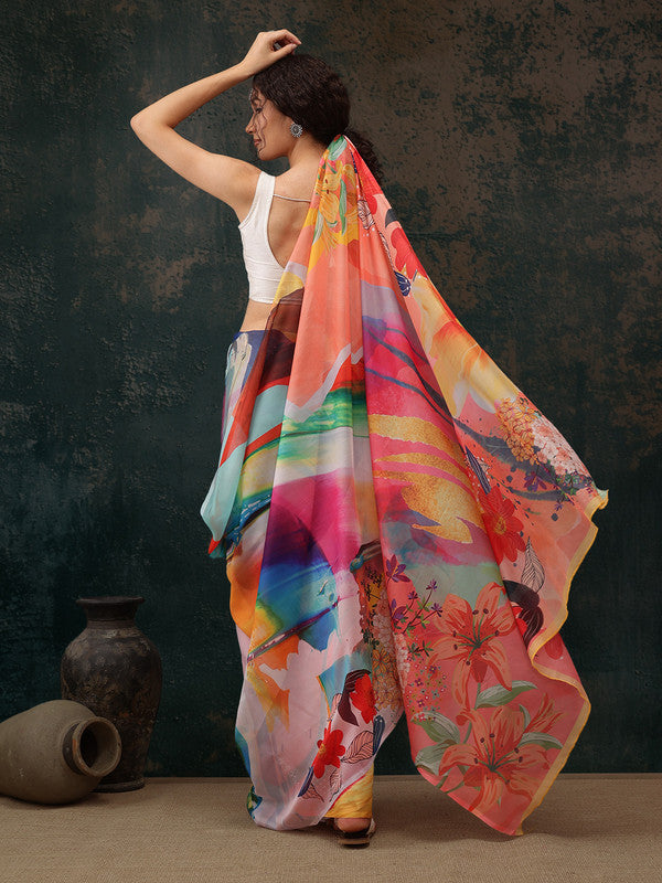 Multicolor Polyester Digital Print Abstract Saree with Unstitched Blouse - Hiral Fashion