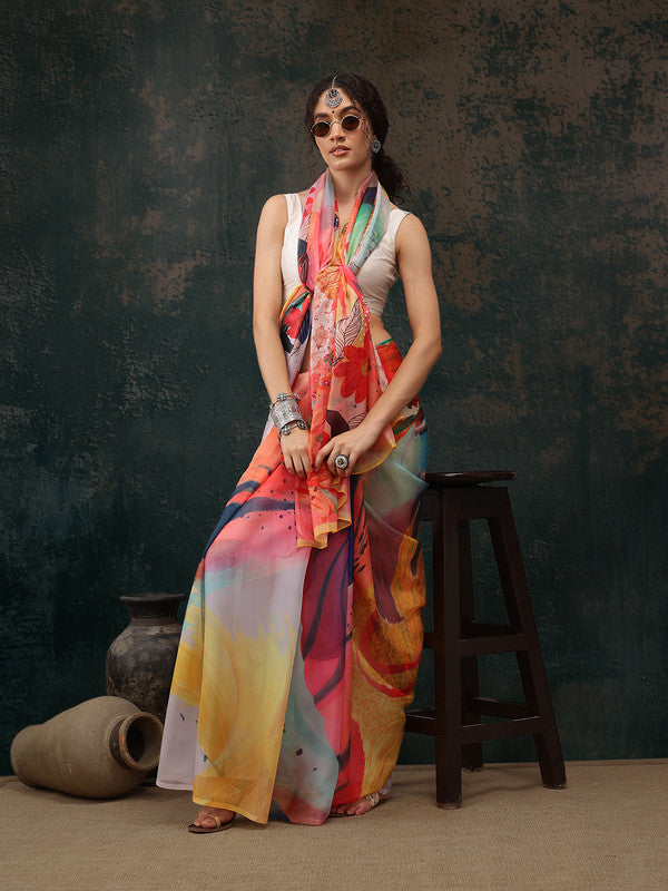 Multicolor Polyester Digital Print Abstract Saree with Unstitched Blouse - Hiral Fashion