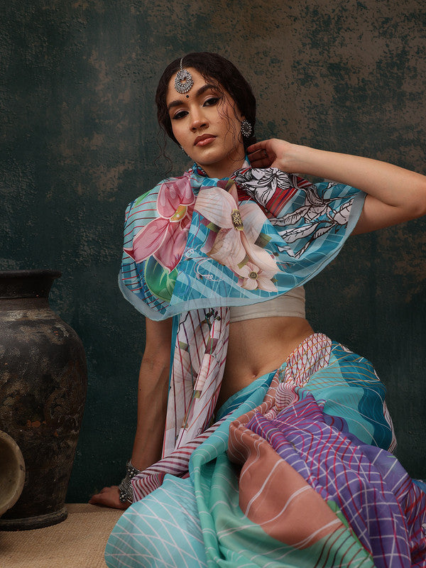 Multicolor Polyester Digital Print Abstract Saree with Unstitched Blouse - Hiral Fashion