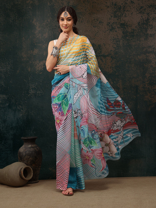 Multicolor Polyester Digital Print Abstract Saree with Unstitched Blouse - Hiral Fashion