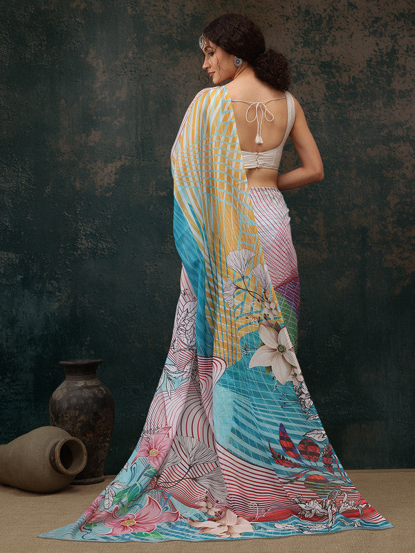 Multicolor Polyester Digital Print Abstract Saree with Unstitched Blouse - Hiral Fashion