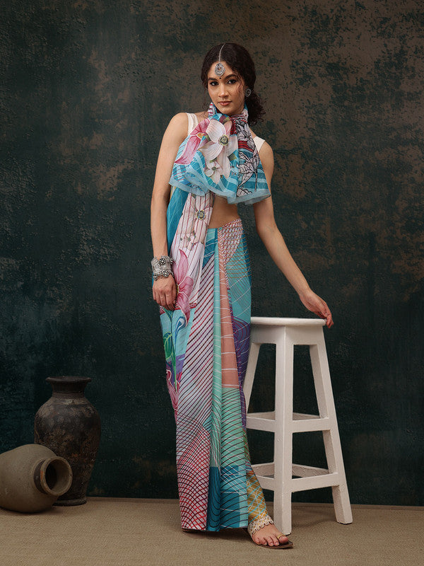 Multicolor Polyester Digital Print Abstract Saree with Unstitched Blouse - Hiral Fashion