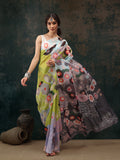 Green Polyester Digital Print Abstract Saree with Unstitched Blouse - Hiral Fashion