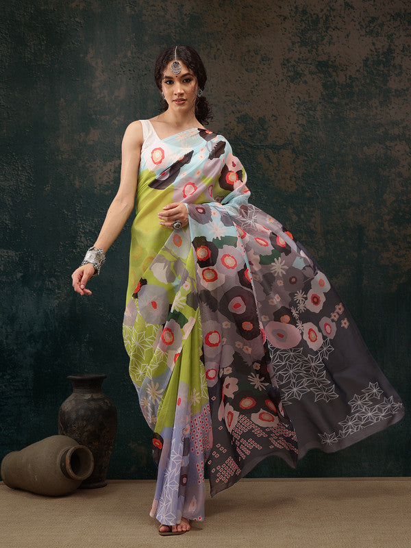 Green Polyester Digital Print Abstract Saree with Unstitched Blouse - Hiral Fashion