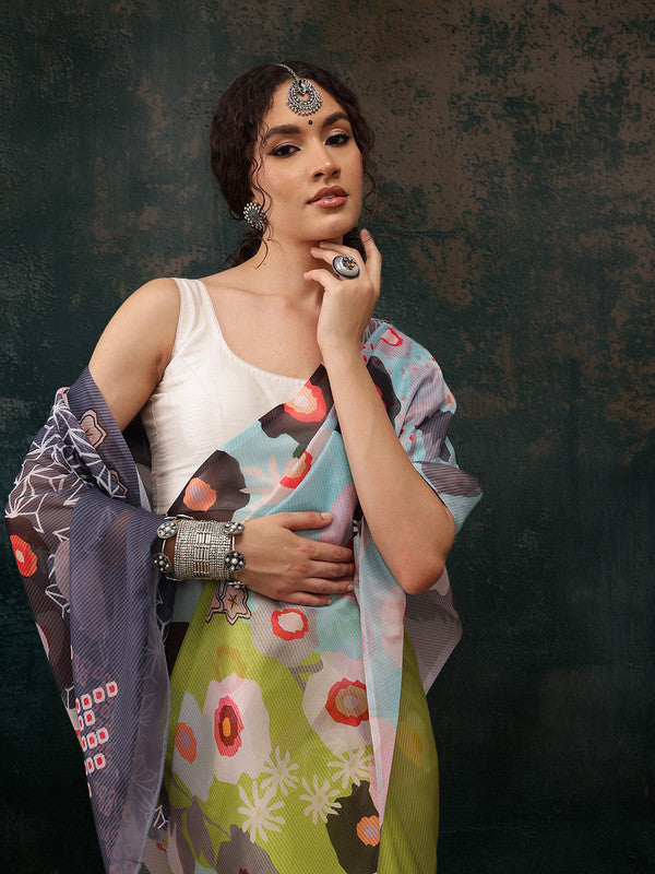 Green Polyester Digital Print Abstract Saree with Unstitched Blouse - Hiral Fashion