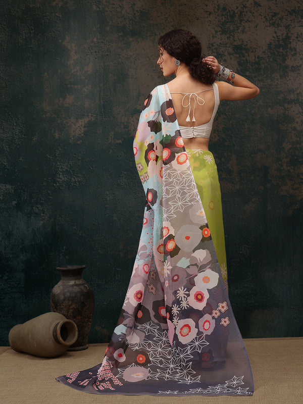 Green Polyester Digital Print Abstract Saree with Unstitched Blouse - Hiral Fashion