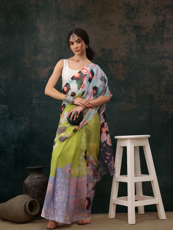 Green Polyester Digital Print Abstract Saree with Unstitched Blouse - Hiral Fashion