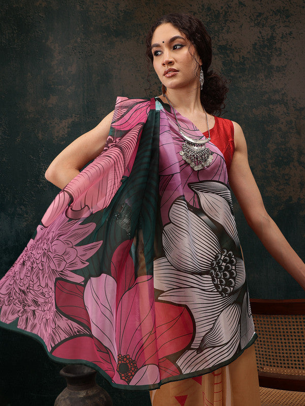 Yellow Polyester Digital Print Abstract Saree with Unstitched Blouse - Hiral Fashion