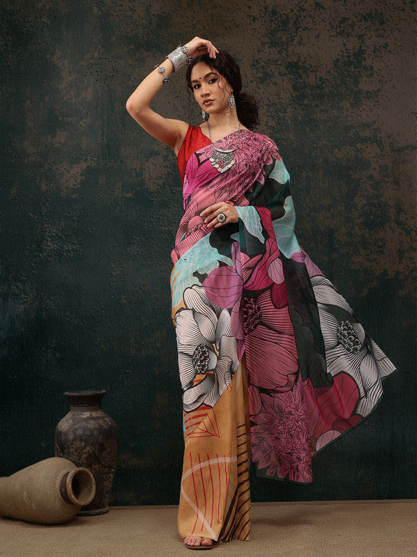 Yellow Polyester Digital Print Abstract Saree with Unstitched Blouse - Hiral Fashion