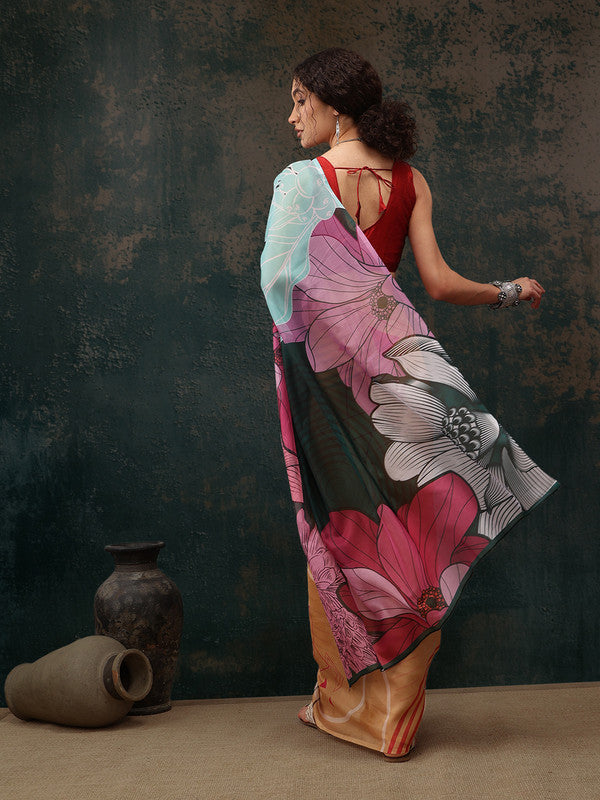 Yellow Polyester Digital Print Abstract Saree with Unstitched Blouse - Hiral Fashion