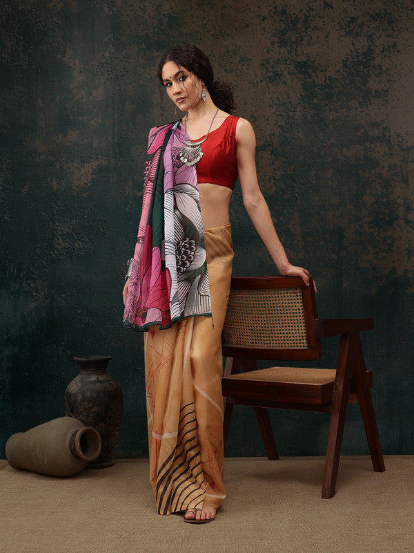 Yellow Polyester Digital Print Abstract Saree with Unstitched Blouse - Hiral Fashion