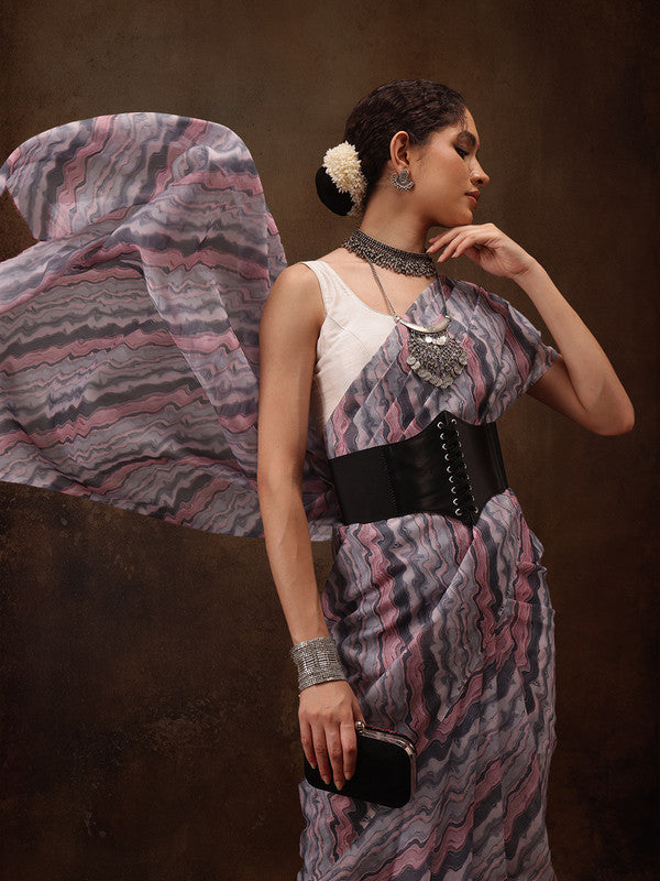 Gray Cotton Blend Digital Print Abstract Saree with Unstitched Blouse - Hiral Fashion