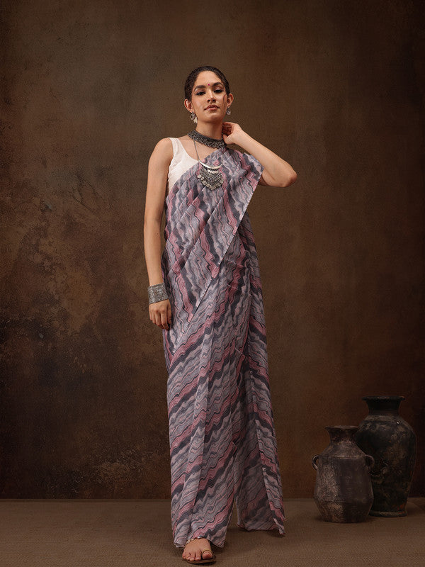 Gray Cotton Blend Digital Print Abstract Saree with Unstitched Blouse - Hiral Fashion