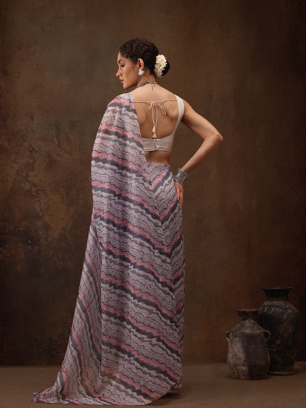 Gray Cotton Blend Digital Print Abstract Saree with Unstitched Blouse - Hiral Fashion