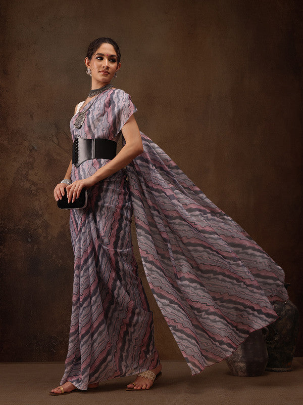 Gray Cotton Blend Digital Print Abstract Saree with Unstitched Blouse - Hiral Fashion