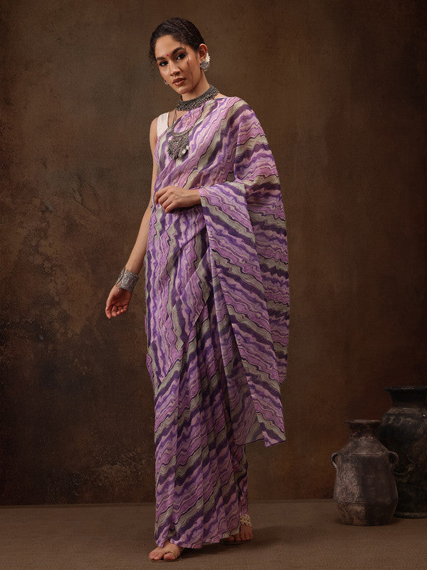 Lavender Cotton Blend Digital Print Abstract Saree with Unstitched Blouse - Hiral Fashion