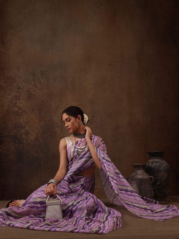 Lavender Cotton Blend Digital Print Abstract Saree with Unstitched Blouse - Hiral Fashion