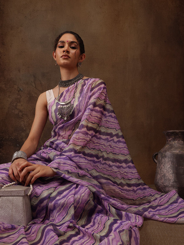 Lavender Cotton Blend Digital Print Abstract Saree with Unstitched Blouse - Hiral Fashion