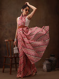Multicolor Cotton Blend Digital Print Abstract Saree with Unstitched Blouse - Hiral Fashion