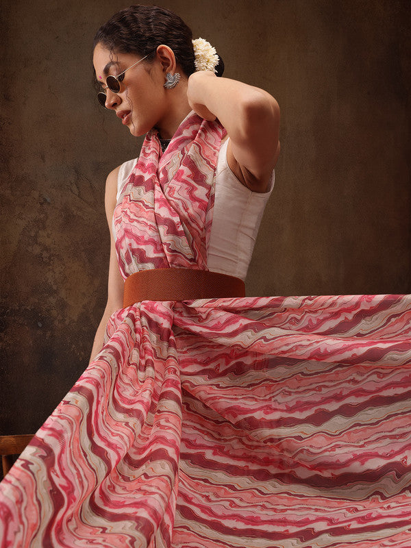 Multicolor Cotton Blend Digital Print Abstract Saree with Unstitched Blouse - Hiral Fashion