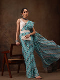 Turquoise Cotton Blend Digital Print Abstract Saree with Unstitched Blouse - Hiral Fashion