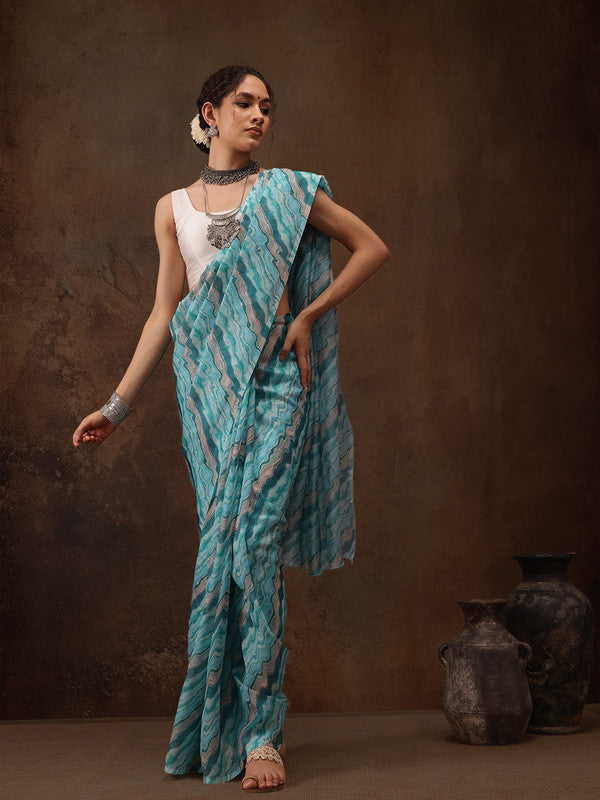 Turquoise Cotton Blend Digital Print Abstract Saree with Unstitched Blouse - Hiral Fashion