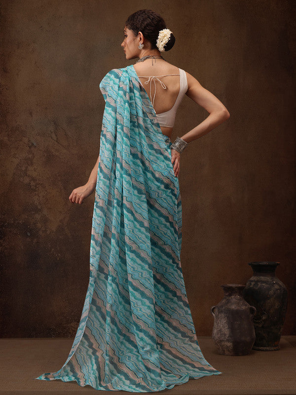 Turquoise Cotton Blend Digital Print Abstract Saree with Unstitched Blouse - Hiral Fashion