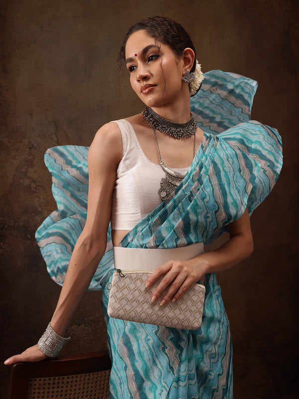Turquoise Cotton Blend Digital Print Abstract Saree with Unstitched Blouse - Hiral Fashion
