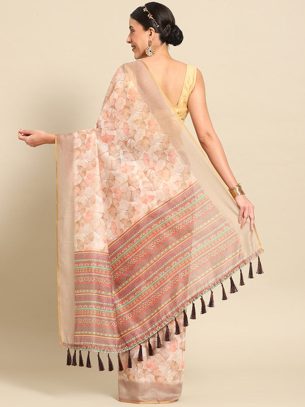 Beige Pure Cotton Printed Floral Saree with Unstitched Blouse - Hiral Fashion