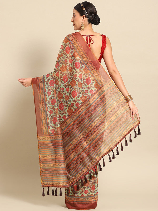 Green Pure Cotton Printed Floral Saree with Unstitched Blouse - Hiral Fashion