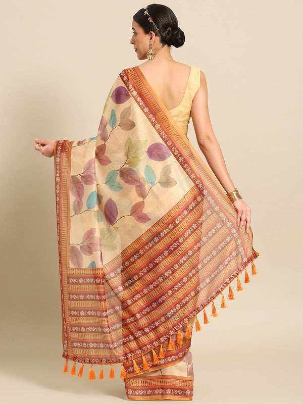 Mustard Pure Cotton Printed Floral Saree with Unstitched Blouse - Hiral Fashion