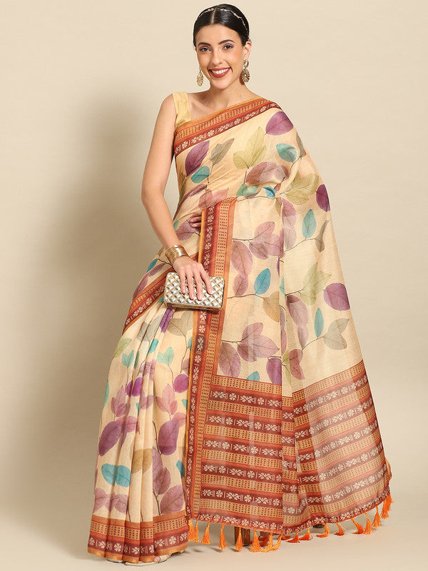 Mustard Pure Cotton Printed Floral Saree with Unstitched Blouse - Hiral Fashion