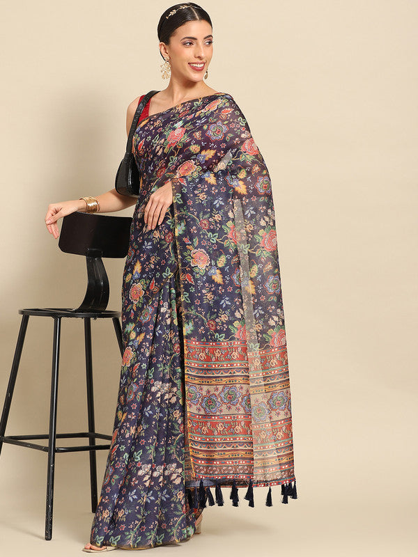 Navy Blue Pure Cotton Printed Floral Saree with Unstitched Blouse - Hiral Fashion
