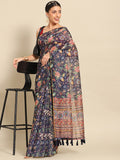 Navy Blue Pure Cotton Printed Floral Saree with Unstitched Blouse - Hiral Fashion